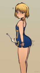 1boy bare_legs blonde_hair blush cum_through_clothes cumshot embarrassed erection_under_clothes femboy hunter_x_hunter jeteggs kurapika looking_at_viewer minidress otoko_no_ko rings short_dress solo sweat trap wristband