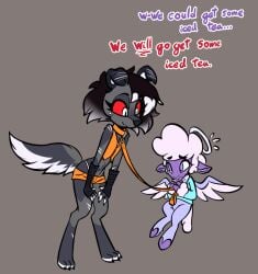 angel black_body black_fur bovid canid canid_demon canine caprine cherub clothing collin_(helluva_boss) demon dialogue fur halo hellaverse hellhound helluva_boss leash mammal molly_(soulcentinel) mythological_canine mythological_creature mythology purple_body purple_eyes purple_fur red_eyes sheep size_difference smile soulcentinel tail text wings