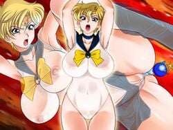 1girls anal_insertion ankle_boots aqua_eyes bishoujo_senshi_sailor_moon blonde_hair bondage breasts censored clothing female glamour_works hair haruka_tenou large_breasts leotard object_insertion sailor_uranus see-through see-through_clothing short_blonde_hair skirt sweaty tiara tomboy transformation upskirt