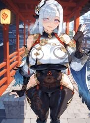 1girls ai_generated bare_shoulders before_sex belly big_ass big_breasts big_butt big_hips big_thighs blue_eyes blue_sky blush boobaai breasts chinese_clothes city city_background clothing curvaceous curvaceous_female curvaceous_figure curvy curvy_figure deep_skin earrings erect_nipples female female_focus female_only genshin_impact groping hair_between_eyes hair_ornament horny horny_female huge_ass huge_breasts huge_butt huge_thighs large_ass large_breasts light-skinned_female lips looking_at_viewer nipples nipples_outside nipples_visible_through_clothing outdoors parted_lips sexy shenhe_(genshin_impact) sideboob sky smile solo solo_focus straight sweat toned_stomach twitter_link upper_body voluptuous voluptuous_female waving waving_at_viewer white_hair wide_hips