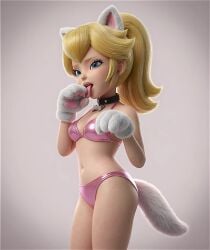 1girls 3d ai_generated bikini blonde_female blonde_hair blue_eyes cat_ears cat_paws collar female_focus female_only licking licking_paw light_skin mario_(series) mittens paw_pose petplay ponytail princess_peach tagme tail video