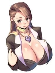 1girls big_breasts breasts brown_eyes brown_hair commentary_request dress_suit female female_only gavel gyakuten_saiban highres huge_breasts jewelry large_breasts magatama magatama_necklace mia_fey mole mole_under_mouth necklace pinstripe_pattern pinstripe_vest quanero scarf solo vest yellow_scarf