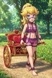 1girls 2d ai_generated ankle_cuffs barefoot blonde_female blonde_hair blue_eyes dirt_path forest forest_background harness heart_shape light_skin mario_(series) pink_clothing ponygirl ponyplay ponytail princess_peach pulling_carriage shiny_clothes shorts skintight_clothing tubetop wrist_cuffs