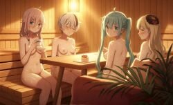 4girls ai_generated aqua_eyes aqua_hair black_hair black_hat blonde_hair blue_eyes blush chair closed_eyes closed_mouth couch cup food hat hatsune_miku holding holding_cup holding_object ia_(vocaloid) indoors indoors_nudity light_hair lighting long_hair looking_at_viewer looking_back mayu_(vocaloid) multicolored_hair multiple_girls naked naked_female nipples nude nude_female nude_filter on_chair on_couch open_mouth pink_hair plant pussy remake remastered saucer sauna short_hair sitting sleeping sweat tea_cup twintails v_flower vagina very_long_hair vocaloid vocaloid_2 vocaloid_3 vocaloid_4 wavy_hair wet white_hair yellow_eyes yumo_(mimengfeixue)