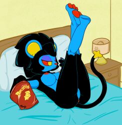 absurd_res anus bare_breasts barefoot bed black_body black_fur elin_(mossycl) fan_character feet felid feline female food fur furniture furniture_lamp generation_4_pokemon genitals hard_nipples hi_res inside legs_up luxray mammal mossycl nachos nintendo nude nude_female pawpads paws pokemon pokemon_(species) solo tail vulva