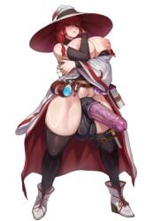 absurdres animal_genitalia_on_humanoid animal_penis belt black_thighhighs book braid breasts closed_mouth curvy erection female full_body hat highres horse_penis huge_breasts huge_cock huge_testicles looking_at_viewer nipples ohthicc original penis pocket_watch purple_penis red_eyes red_hair robe shoes simple_background smile smug solo standing testicles thick_thighs thighhighs thighs uncensored watch white_background white_hat white_robe white_shoes wide_sleeves witch witch_hat