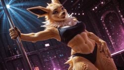 ai_generated anthro clothing eeveelution female indoors inside jolteon looking_at_viewer looking_pleasured nightclub pokemon pokemon_(species) pole pole_dancing solo standing topwear underwear