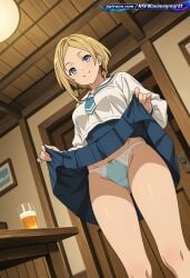 ai ai-created ai_art ai_assisted ai_generated anime anime_girl anime_illustration anime_screencap anime_style blonde_hair blonde_hair_female blue_eyes blue_hair detailed_background dutch_angle earrings indoors japanese_room lifting_shirt long_sleeves low_angle manga mushoku_tensei mushoku_tensei:_isekai_ittara_honki_dasu navy_skirt panties parted_bangs pervert_female sailor_uniform sara_(mushoku_tensei) school_uniform seifuku short_hair side_swept_bangs single_earring skirt_lift skirt_up smile smirk sunbeam traditional_room white_blouse