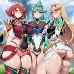 3girls ai_generated ass bangs big_breasts blonde_hair blush breasts cleavage dress earrings gloves headpiece jewelry large_breasts long_hair looking_at_viewer multiple_girls mythra mythra_(xenoblade) pneuma pose pyra pyra_(xenoblade) red_eyes red_hair red_shorts short_hair shorts sky sweat swept_bangs thick_thighs thigh_strap tiara underwear xenoblade_(series) xenoblade_chronicles_2 yellow_eyes