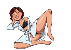 1girls barefoot bathrobe big_breasts black_bra black_panties bra breasts brown_eyes brown_hair cleavage feet female female_only forkedtail hair hand_on_cheek helen_parr legs mature mature_female mature_woman milf mother naughty_face open_mouth panties robe solo solo_female teeth the_incredibles thighs tongue tongue_out transparent_background