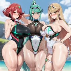 3girls ai_generated bangs bare_shoulders big_breasts blonde_hair blush breasts cleavage day dual_persona earrings gem headpiece heavy_breathing jewelry large_breasts long_hair looking_at_viewer multiple_girls mythra mythra_(xenoblade) one-piece_swimsuit pneuma pose pyra pyra_(xenoblade) red_hair short_hair sky smile swept_bangs swimsuit thigh_strap tiara wet xenoblade_(series) xenoblade_chronicles_2 yellow_eyes
