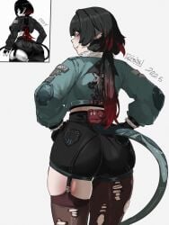 1girls 2024 2025 absurdres animal_ears arrow_print artist_name ass black_gloves black_hair black_shorts blue_eyes blue_jacket blush brown_thighhighs commentary earrings english_commentary eyelashes eyeshadow female female_only from_behind fur-trimmed_jacket fur-trimmed_sleeves fur_trim garter_belt gloves gradient_hair grey_background grey_eyeshadow gy_beth gybeth half-closed_eyes hands_on_own_hips highres huge_ass jacket jane_doe_(zenless_zone_zero) jewelry lips long_hair long_sleeves looking_at_viewer looking_back low_ponytail makeup mouse_ears mouse_girl mouse_tail multicolored_hair pocket ponytail puffy_long_sleeves puffy_sleeves red_hair redrawn short_shorts shorts simple_background smile solo standing tail teeth thighhighs thighs torn_clothes torn_thighhighs two-tone_hair zenless_zone_zero