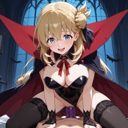 agnes_claudel ai_generated bat blonde_hair blue_eyes blush cape cleavage costume dildo dildo_in_pussy eiyuu_densetsu female hair_bun long_hair open_mouth pale-skinned_female pale_skin riding_dildo solo_female thighhighs vaginal_penetration vampire vampire_girl