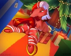 alternate_character alternate_version anus ass blush box christmas christmas_tree collaboration erein erein_(artist) female floor friendship_is_magic garland genitals happy_new_year holiday horn houses indoors looking_back mlp_g4 my_little_pony new_year nudity oc perspective plot pony present sitting solo solo_female tongue_out tree underhoof vaginal_secretions vulva winter yuris_(artist)