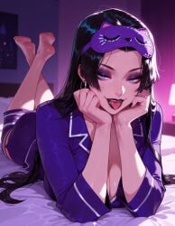 1girls ai_generated balecxi barefoot bed bedroom black_hair black_nails blue_eyes blue_pajamas blurry_background breasts cleavage clothing crossed_ankles curvaceous curvaceous_female curvaceous_figure curvy curvy_figure earrings eye_mask eyeliner eyeshadow feet feet_up female female_focus foot_focus forked_tongue full_body hands_on_own_cheeks hands_on_own_face head_rest indoors inviting inviting_to_sex jewelry lamp large_breasts long_hair looking_at_viewer lying makeup marvel marvel_comics marvel_rivals mask mask_on_head nail_polish on_bed on_stomach open_mouth pajamas parted_bangs piercing pillow presenting presenting_ass presenting_breasts presenting_hindquarters presenting_self psylocke psylocke_(sai)_(vengeance) purple_pants purple_shirt purple_shorts seductive seductive_look seductive_smile sleep_mask sleepwear smile soles solo teeth the_pose toenails toes tongue tongue_out tongue_piercing upper_teeth_only voluptuous voluptuous_female