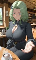 ai_generated beauty_mark belt blue_eyes buttoned_shirt cafe cleavage female female_only flower_in_hair green_hair huge_breasts isolde_(zenless_zone_zero) necklace offering_hand smile