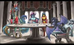 2026 5_fingers absurd_res anthro barbel_(anatomy) biped black_body black_hair black_horn black_scales blue_body blue_hair blue_scales bra_on_head breasts card_game clothing detailed_background dragon dress eastern_dragon european_mythology ewgengster female fingers fish flesh_whiskers gaming genitals group hair hi_res horn levina_(malthaeos) lionfish long_tail male male/female malthaeos_(malthaeos) marine membrane_(anatomy) membranous_wings mythological_creature mythological_scalie mythology non-mammal_breasts nude oriana_(malthaeos) penis perciform purple_hair purple_horn purple_scalies red_body red_clothing red_dress scales scalie scorpaenoid sylia tail traditional_media_(artwork) translucent translucent_hair western_dragon wings yellow_body zyanya_(malthaeos)