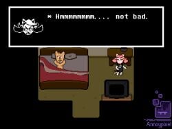 accurate_art_style after_sex annoypixel bed bedroom burgerpants deltarune dialogue female furry_female furry_male mad_mew_mew male naked pixelated sprite tv undertale undertale_(series) watermark