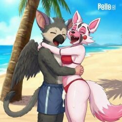 1boy 1girls ai_generated animatronic anthro_only avian avian_humanoid beach belly_to_belly cum cyan_horns fanfiction feathered_wings feathers female fnaf fox fox_girl funtime_foxy_(fnaf) grey_body grey_feathers hetero_sex heterosexual hug male male/female mangle_(fnaf) open_mouth orange_eyes pink_body purple_ears red_bikini romantic tail the_last_guardian trico trico_(character) trico_(the_last_guardian) white_body wings