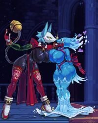 4k absurd_res anthro ass background big_breasts breasts cat_ears cat_girl cat_tail church deltarune deltarune_chapter_4 digital_media_(artwork) dress furry furry_female hi_res miss_mizzle_(deltarune) naked pussy romantic snao spirit tape tasque_manager_(deltarune) water yuri