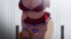 akane_wa_tsumare_somerareru animated breasts brown_hair center_opening cheerleader cleavage cleavage_cutout clothing_cutout collarbone earrings female female_pubic_hair groin heart heart-shaped_eyewear heart_cutout huge_breasts indoors jewelry looking_at_viewer miniskirt nanao_akane navel panties pink_panties pom_pom_(cheerleading) pubic_hair pubic_hair_peek skirt solo stomach t-rex_(animation_studio) takeda_hiromitsu thighs thong twintails underwear