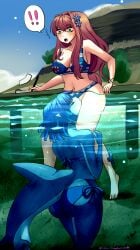 bikini blue_hair blue_skin cunnilingus doki_doki_literature_club lesbian lesbian_couple long_hair mane_shark monika_(doki_doki_literature_club) monster_girl original pointy_ears shark_girl shark_tail short_hair thick_thighs thighhighs underwater virtual_youtuber vtuber wolf_glade yuri