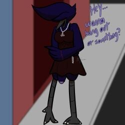 anthro avian beak big_penis bird breasts chefrens clothed clothing corvid corvus_(genus) covered_eyes dialogue dress front_view genitals gynomorph hi_res huge_cock intersex jewelry oscine passerine penis purple_body raven rayfu_(chefrens) small_breasts solo