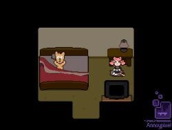 accurate_art_style after_sex animated annoypixel bed bedroom burgerpants deltarune dialogue female furry_female furry_male mad_mew_mew male naked pixel_animation pixelated playing_videogame tv undertale undertale_(series) watermark