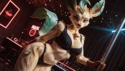 ai_generated anthro clothing eeveelution female indoors inside leafeon looking_at_viewer looking_pleasured nightclub pokemon pokemon_(species) pole pole_dancing solo standing topwear underwear