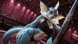 ai_generated anthro clothing eeveelution female indoors inside looking_at_viewer looking_pleasured nightclub pokemon pokemon_(species) pole pole_dancing solo standing topwear underwear vaporeon