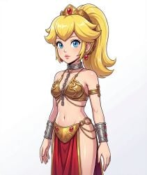 1girls 2d ai_generated bikini blonde_female blonde_hair blue_eyes chain_leash collar earrings empty_background female_focus female_only light_skin mario_(series) ponytail princess_peach slave slave_bikini slave_girl slave_leia_(cosplay) slave_outfit
