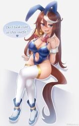 belly_button belly_window big_breasts big_thighs blue_eyes brown_hair bunny bunny_costume bunny_ears cleavage cleavage_overflow cute cute_face female female_focus female_only hair_between_eyes hand_on_chest horse horse_girl horse_tail long_hair looking_at_viewer mitamory sexy sexy_body slight_blush solo solo_female solo_focus stockings_thigh_highs talking_to_viewer thick_thighs tokai_teio_(umamusume) tummy umamusume umamusume_pretty_derby v_line wide_hips wide_thighs