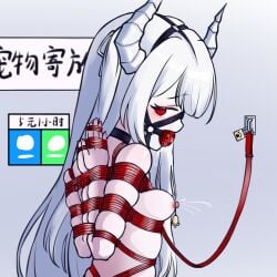 1girls arms_behind_back bell bondage bound bound_arms bound_fingers bound_hands bound_thumbs bound_wrists collar demon demon_girl demon_horns drool drooling female female_only femsub harness_gag horns lock nail_polish nipple_bells padlock painted_fingernails painted_nails red_eyes reverse_prayer rope saila skindentation white_hair