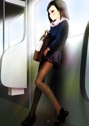 absurdres bag black_hair blush brown_eyes female fingering g_y_t highres loafers masturbation original panties pantyhose pussy_juice scarf school_uniform shoes solo standing train train_interior underwear vibrator vibrator_under_clothes