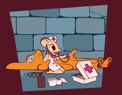 anthro clothing comic_panel duo female genitals half-erect headgear headwear hi_res male male/female medical_instrument nude_male nurse_clothing nurse_headwear pawpads penis restricted_palette scientific_instrument spiral spiral_eyes stethoscope unicorn_blood_(comic) vanilla_candy