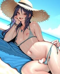 1boy 1femboy 2025 ai_generated beach beach_towel big_hat bikini bikini_bottom_untied bikini_top bikini_top_undone blush brown_eyes censored crossdressing femboy feminine_male girly hat heart_censor looking_at_viewer lying lying_on_side nipples open_mouth outdoors outside pectorals penis purple_hair sea seaside solo striped_bikini sweat sweatdrop theantlers thighs trap