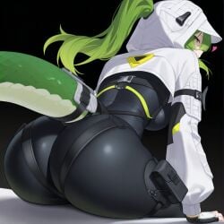 1girls :3 ai_assisted ai_generated arknights arknights:_endfield black_bodysuit bodysuit fluorite_(arknights:_endfield) green_eyes green_hair heart high_ponytail hood huge_ass huge_breasts kao140522 ponytail snake_girl snake_tail