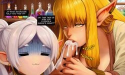 4k ai_generated bleached blonde_hair blowjob comedy comic cum_in_mouth earrings elf fingernails frieren frieren_beyond_journey's_end light-skinned_female light-skinned_male medieval qoh queen_of_hearts queen_of_hearts_earrings serie_(sousou_no_frieren) sousou_no_frieren text trio white_hair zindabad