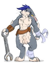 1boy 2014 abs anthro balls bandage belt blue_eyes blue_hair chest_tuft dallas_(aynblackfox) digitigrade ear_piercing front_view fully_sheathed fur grey_fur hair lagomorph long_ears male male_only mammal muscles neck_tuft nipples nude onigrift piercing plain_background pose rabbit sheath solo standing tan_belly tan_fur tools tuft white_background wrench wristband