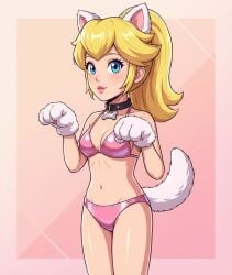 1girls 2d ai_generated bikini blonde_female blonde_hair blue_eyes cat_ears cat_paws collar female_focus female_only light_skin mario_(series) mittens paw_pose petplay ponytail princess_peach tail