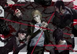 1boy 4girls absurdres black_hair blonde_hair blood blood_on_face blood_splatter bound bound_wrists braid commission corpse crazy crazy_smile danganronpa_(series) decapitation english_text fukawa_toko genocider_sho glasses guro highres holding holding_scissors holding_weapon jacket long_hair looking_at_viewer mole mole_under_mouth multiple_girls necktie pants red_rope rope round_eyewear school_uniform scissors serafuku severed_head shirt short_hair smile string string_of_fate suit togami_byakuya tongue tongue_out trash_bag twin_braids weakbat weapon