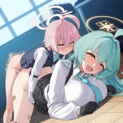 2girls ahoge ai_generated all_fours aqua_hair aqua_necktie ass bandaid bandaid_on_knee bandaid_on_leg black_clothes black_gloves black_skirt black_vest blue_archive blue_eyes blue_necktie blue_neckwear blush bottomless breasts bulletproof_vest closed_mouth clothed_sex clothing collared_shirt doggy_style female futa_with_female futanari gloves hair_between_eyes halo heterochromia hoshino_(blue_archive) huge_ahoge implied_futanari indoors large_breasts long_hair long_sleeves motion_lines multiple_girls necktie neckwear open_mouth pink_hair pink_halo pleated_skirt school_uniform self-upload sex sex_from_behind shaddai shirt short_hair skirt smile speed_lines top-down_bottom-up uniform vest white_shirt yellow_eyes yellow_halo yume_(blue_archive)