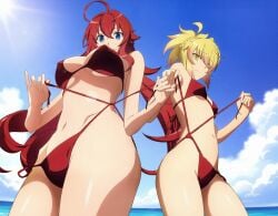 2girls ahoge ai_generated blonde_hair blue_eyes blue_sky crown_braid high_school_dxd high_school_dxd_hero kunou_(high_school_dxd) large_breasts long_hair looking_at_viewer navel nipples_visible_through_clothing ocean ponytail red_bikini red_hair remake remastered rias_gremory short_hair small_breasts standing yellow_eyes