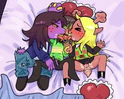 anthro bed clothed deer_girl deltarune digital_media_(artwork) furry human kris_(deltarune) lizard noelle_holiday panties penis rexuranus saliva susie_(deltarune) threesome tongue_kiss