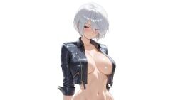 1girls ai ai_art ai_generated angel_(kof) big_breasts blush breasts clothed clothed_female embarrassed embarrassed_nude_female female huge_breasts king_of_fighters light-skinned_female light_skin no_bra no_panties no_underwear open_clothes open_jacket open_shirt sexy sexy_body sexy_clothing short_hair simple_background solo thick white_background white_hair
