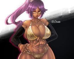 1girls 2d 2d_(artwork) abs bangs big_ass big_breasts big_butt big_thighs bikini bikini_bottom bikini_top bleach bleach:_the_thousand-year_blood_war breasts brown_body confident dark-skinned_female dark_hair dark_skin female female_focus female_only golden_bikini highres huge_breasts huge_thighs looking_at_viewer mavrix muscles muscular muscular_female orange_eyes ponytail pulling_clothing pulling_own_clothes purple_hair shihouin_yoruichi solo solo_female solo_focus swimsuit swimwear tan tan_body tan_skin wide_eyed wide_hips wide_thighs