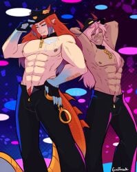 2boys abs bara beefy big_breasts bl blue_eyes buff bulge bulge_through_clothing daddy dark-skinned_male dark_skin dragon dragon_humanoid dragon_tail elf_ears facial_hair fangs gay gay_male giraffreak goatee himbo horns incubus leather leather_clothing leather_hat leather_pants long-haired_male long_hair male male/male male_only mihai_zaddy mihai_zetta mihai_zetta_(vtuber) moobs muscular muscular_arms muscular_legs muscular_male muscular_pecs nipple_piercing nipples orange_hair pale-skinned_male pale_skin piercing pink_hair pointy_ears red_eyes scales scalie_humanoid tail twunk virtual_youtuber vtuber yaoi zaddy