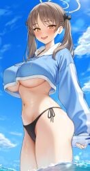 1girls 2025 ash_brown_hair ashen_hair ass bikini_bottom blue_archive blue_sky blush brown_hair gold_eyes hayasi_iru highres human human_female large_breasts light-skinned_female long_hair looking_at_viewer moe_(blue_archive) moe_(swimsuit)_(blue_archive) navel ocean sea side-tie_bikini_bottom slim_waist smile smiling smiling_at_viewer solo standing_in_water teenager thick_thighs twintails underboob water wide_hips