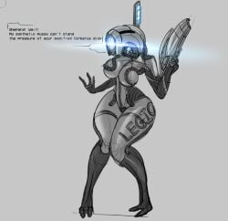 2_toes 3_fingers breasts diklonius female female_only geth glowing_eye grey_background gun legion_(mass_effect) mass_effect solo solo_female text thick_thighs