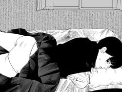 accurate_art_style artstyle_imitation ass bed blush chainsaw_man imminent_sex laying_on_bed mitaka_asa nervous on_stomach panties pantyshot prone skirt_lift yoru_(chainsaw_man)